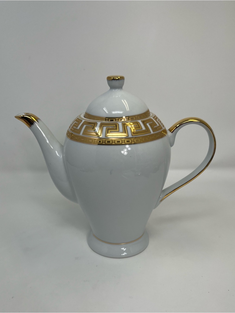 SMCS Tirschenreuth Germany Teapot Gold Greek Key Meander White Porcelain 8” Vtg